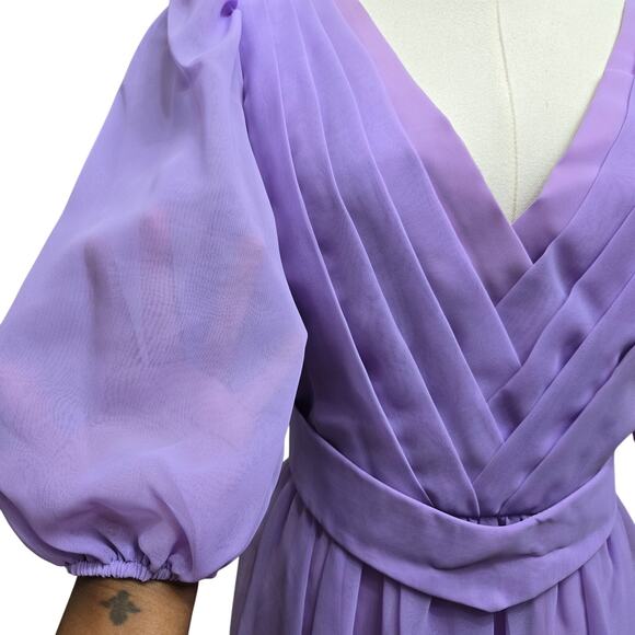 Dessy Creations Vintage 70s Purple Sheer Chiffon Pleated Puff Sleeve Gown 10 - Picture 5 of 12